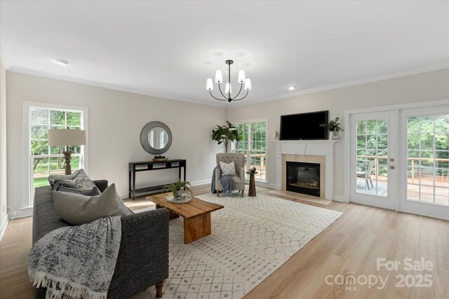 601 Carver Pond Ln, Waxhaw, NC 28173 - living room featuring a chandelier, light wood finished floors, ornamental molding, a fireplace, and baseboards