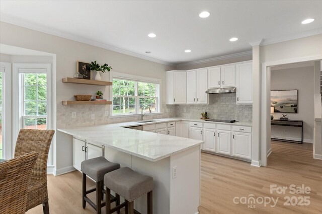601 Carver Pond Ln, Waxhaw, NC 28173 - kitchen featuring a sink, a breakfast bar, white cabinetry, light stone counters, and ornamental molding