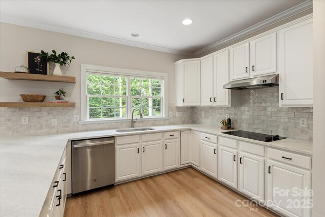 601 Carver Pond Ln, Waxhaw, NC 28173 - kitchen with dishwasher, under cabinet range hood, a sink, black electric cooktop, and crown molding