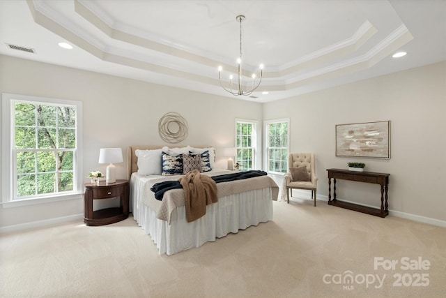 601 Carver Pond Ln, Waxhaw, NC 28173 - carpeted bedroom featuring ornamental molding, a tray ceiling, a chandelier, baseboards, and recessed lighting