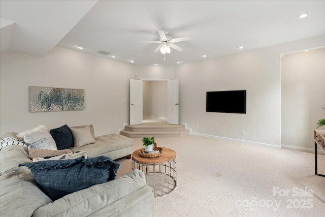 601 Carver Pond Ln, Waxhaw, NC 28173 - living room featuring a ceiling fan, baseboards, carpet, and recessed lighting