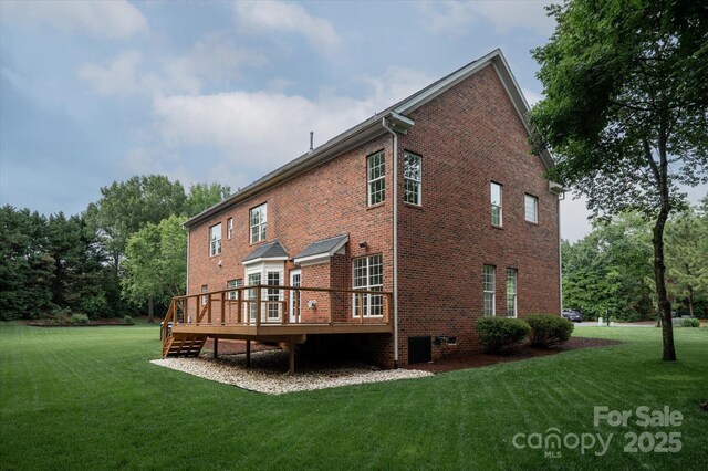 601 Carver Pond Ln, Waxhaw, NC 28173 - rear view of house with a deck, brick siding, a lawn, and crawl space