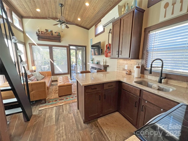 150 Easy St, Hot Springs, NC 28743 - kitchen featuring a sink, wood ceiling, hardwood / wood-style floors, recessed lighting, and vaulted ceiling