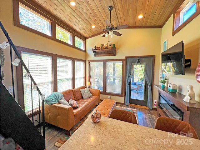 150 Easy St, Hot Springs, NC 28743 - living area with wood ceiling, wood finished floors, ceiling fan, vaulted ceiling, and recessed lighting