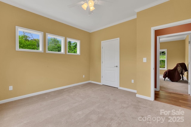 unfurnished bedroom featuring carpet floors, baseboards, ornamental molding, and a ceiling fan