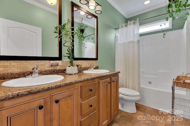 bathroom with ornamental molding, toilet, tasteful backsplash, double vanity, and shower / bathtub combination with curtain