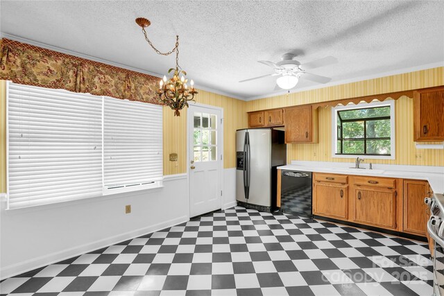 4738 Truscott Rd, Charlotte, NC 28226 - kitchen featuring dishwasher, stainless steel fridge with ice dispenser, dark floors, light countertops, and a textured ceiling