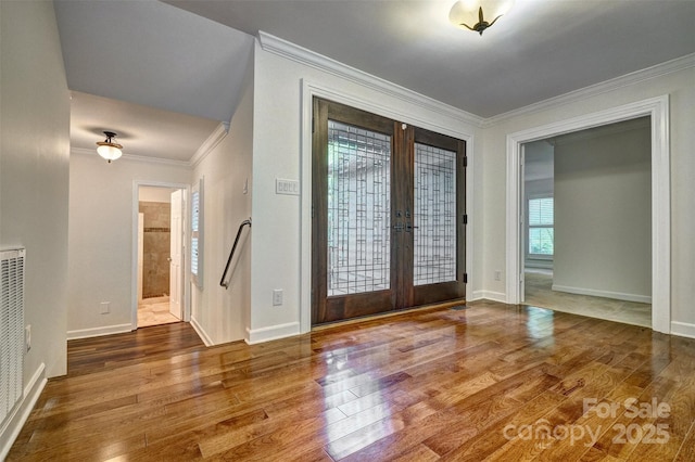 46 Timberidge Dr, Lake Wylie, SC 29710 - foyer with french doors, wood finished floors, ornamental molding, and baseboards