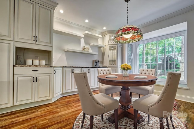 46 Timberidge Dr, Lake Wylie, SC 29710 - dining room with crown molding, light wood finished floors, and recessed lighting
