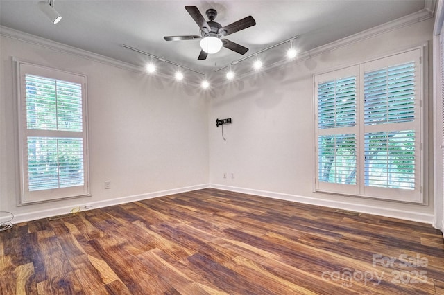 46 Timberidge Dr, Lake Wylie, SC 29710 - unfurnished room featuring track lighting, crown molding, a ceiling fan, dark wood-style flooring, and baseboards