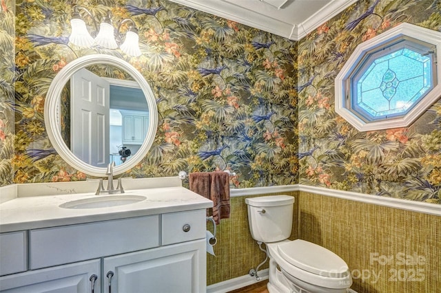 46 Timberidge Dr, Lake Wylie, SC 29710 - half bathroom with wallpapered walls, vanity, toilet, crown molding, and a wainscoted wall