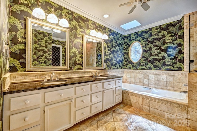 46 Timberidge Dr, Lake Wylie, SC 29710 - bathroom with crown molding, wallpapered walls, ceiling fan, double vanity, and a garden tub