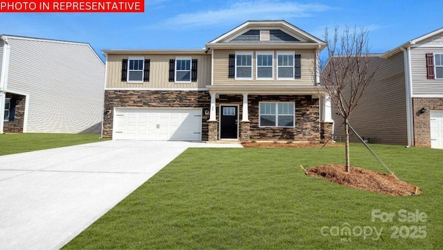 craftsman inspired home featuring driveway, stone siding, a garage, a front yard, and board and batten siding