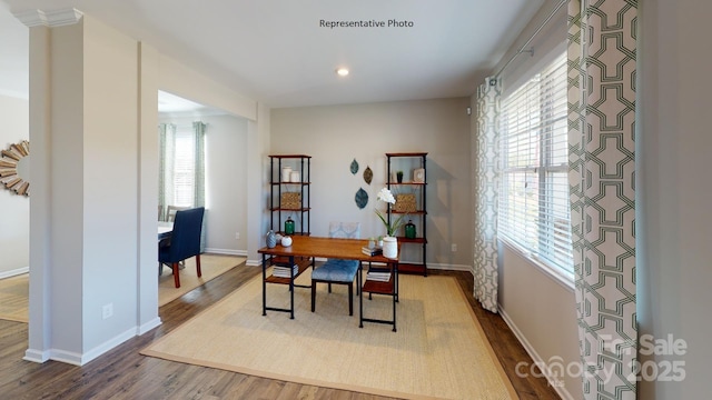 office area with dark wood-style flooring, baseboards, healthy amount of natural light, and recessed lighting