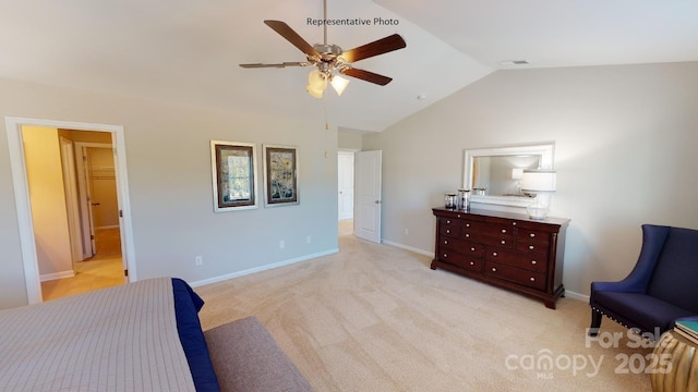bedroom featuring lofted ceiling, baseboards, light colored carpet, and ceiling fan