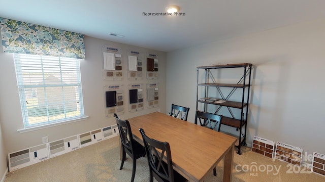 dining space with light carpet