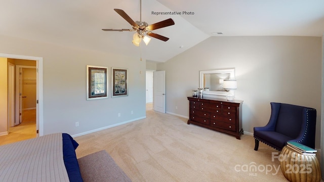 bedroom featuring vaulted ceiling, baseboards, light colored carpet, and a ceiling fan