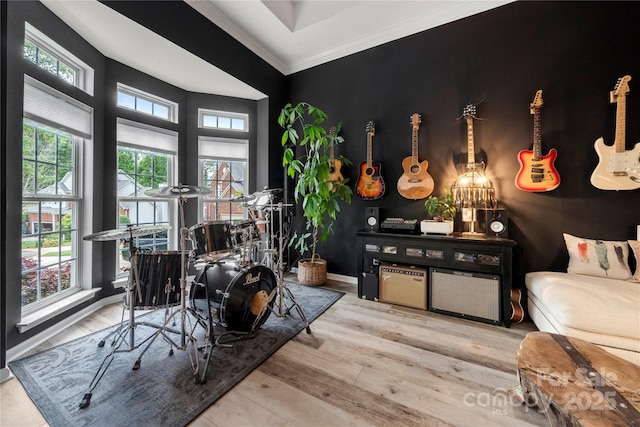 living area with ornamental molding, wood finished floors, and baseboards