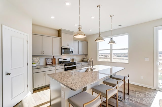 2636 Tillman St, Monroe, NC 28112 - kitchen with stainless steel appliances, a sink, gray cabinetry, an island with sink, and light wood-style flooring