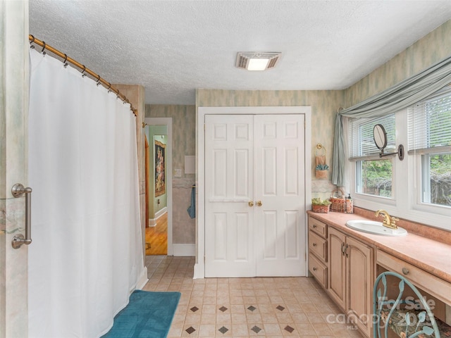 10 Gardening Frog Trl, Waynesville, NC 28785 - full bath featuring baseboards, a textured ceiling, vanity, and wallpapered walls