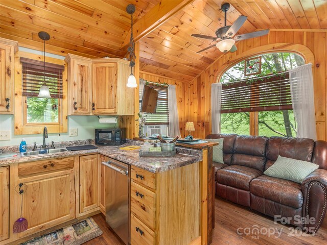 10 Gardening Frog Trl, Waynesville, NC 28785 - kitchen featuring vaulted ceiling, dishwasher, a sink, open floor plan, and a peninsula