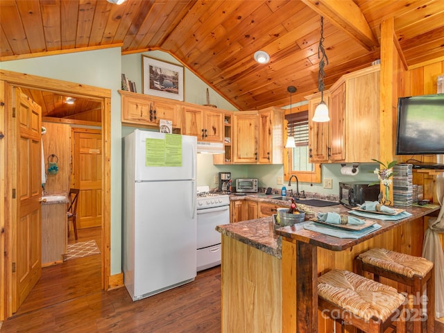 10 Gardening Frog Trl, Waynesville, NC 28785 - kitchen with white appliances, lofted ceiling, a peninsula, a sink, and wood ceiling