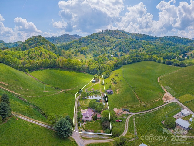 10 Gardening Frog Trl, Waynesville, NC 28785 - overview of rural landscape with property boundaries highlighted, a mountain backdrop, and a heavily wooded area