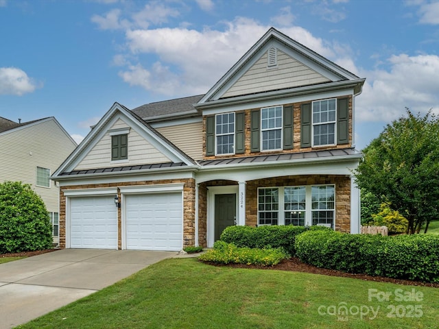 3224 Dunbar Ln, Fort Mill, SC 29707 - traditional-style house with driveway, a standing seam roof, a front lawn, stone siding, and a porch