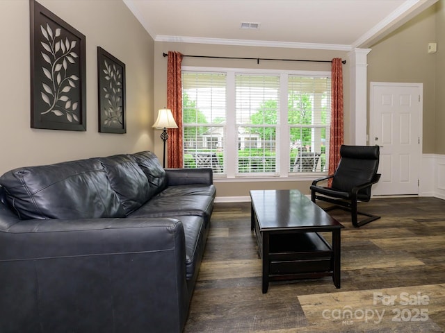 3224 Dunbar Ln, Fort Mill, SC 29707 - living area featuring dark wood-type flooring and crown molding