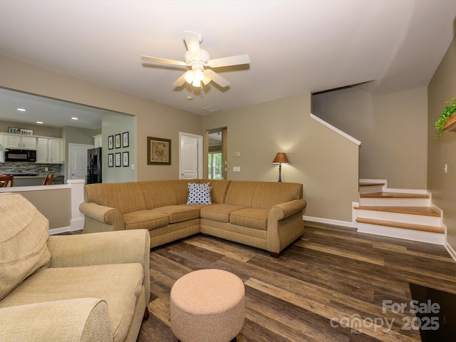 3224 Dunbar Ln, Fort Mill, SC 29707 - living area featuring stairs, dark wood-style flooring, ceiling fan, baseboards, and recessed lighting
