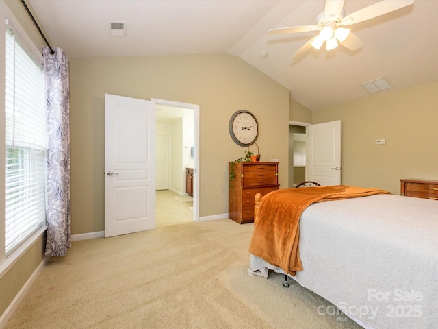 3224 Dunbar Ln, Fort Mill, SC 29707 - bedroom featuring vaulted ceiling, light colored carpet, baseboards, ceiling fan, and ensuite bathroom