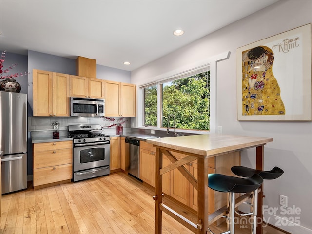 11 Kenilworth Rd, Asheville, NC 28803 - kitchen with stainless steel appliances, light brown cabinets, light wood finished floors, tasteful backsplash, and recessed lighting