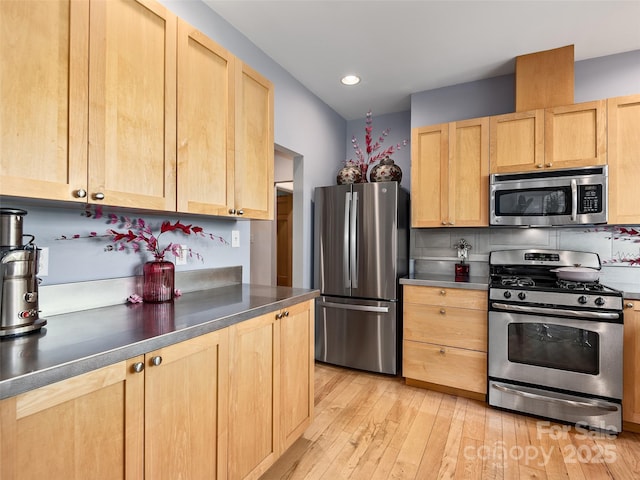11 Kenilworth Rd, Asheville, NC 28803 - kitchen with stainless steel appliances, light brown cabinetry, light wood finished floors, recessed lighting, and dark countertops