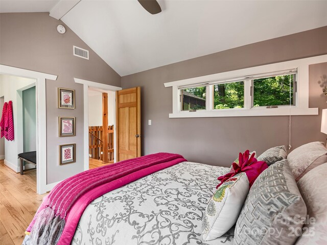 11 Kenilworth Rd, Asheville, NC 28803 - bedroom featuring wood finished floors, high vaulted ceiling, beamed ceiling, a ceiling fan, and baseboards