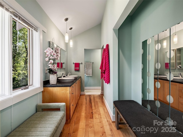 11 Kenilworth Rd, Asheville, NC 28803 - bathroom featuring wood finished floors, vaulted ceiling, vanity, and toilet