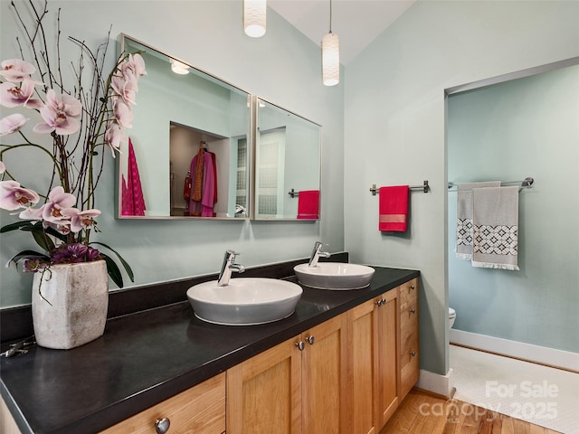 11 Kenilworth Rd, Asheville, NC 28803 - bathroom featuring double vanity, wood finished floors, and toilet