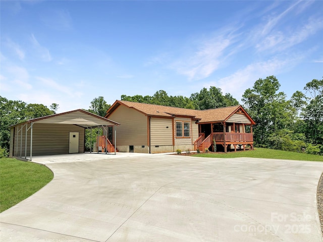 3499 Fairview Rd, Nebo, NC 28761 - view of front of home with driveway, crawl space, a detached carport, a front yard, and stairway