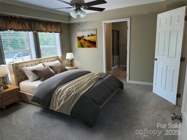3499 Fairview Rd, Nebo, NC 28761 - bedroom featuring ornamental molding, carpet flooring, baseboards, and a ceiling fan