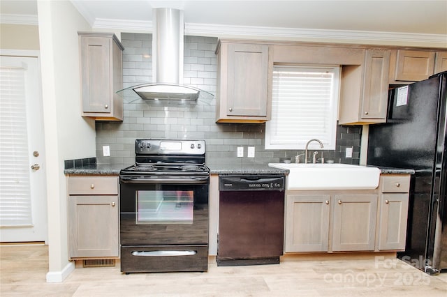 3499 Fairview Rd, Nebo, NC 28761 - kitchen featuring black appliances, a sink, exhaust hood, ornamental molding, and decorative backsplash