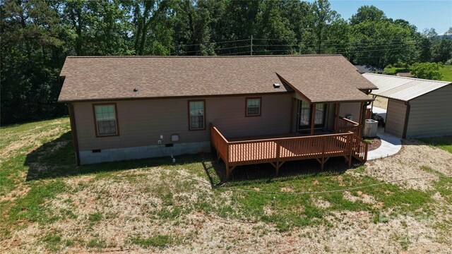 3499 Fairview Rd, Nebo, NC 28761 - rear view of house featuring crawl space, a deck, a yard, roof with shingles, and central air condition unit