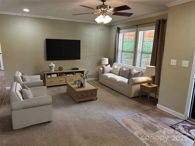 3499 Fairview Rd, Nebo, NC 28761 - living room with baseboards, a ceiling fan, crown molding, carpet floors, and recessed lighting