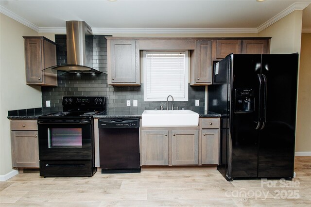 3499 Fairview Rd, Nebo, NC 28761 - kitchen with black appliances, wall chimney range hood, a sink, crown molding, and tasteful backsplash