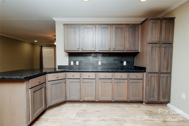 3499 Fairview Rd, Nebo, NC 28761 - kitchen featuring recessed lighting, tasteful backsplash, light wood finished floors, ornamental molding, and ceiling fan