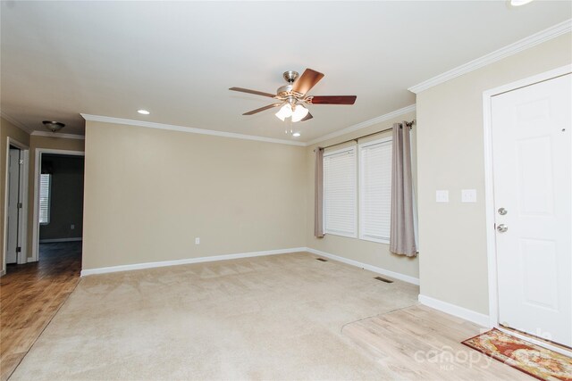 3499 Fairview Rd, Nebo, NC 28761 - empty room featuring ceiling fan, baseboards, ornamental molding, recessed lighting, and light wood finished floors