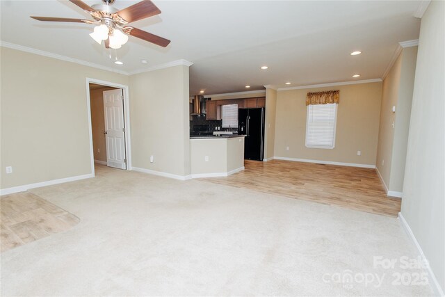 3499 Fairview Rd, Nebo, NC 28761 - unfurnished living room featuring ornamental molding, recessed lighting, baseboards, light carpet, and a ceiling fan