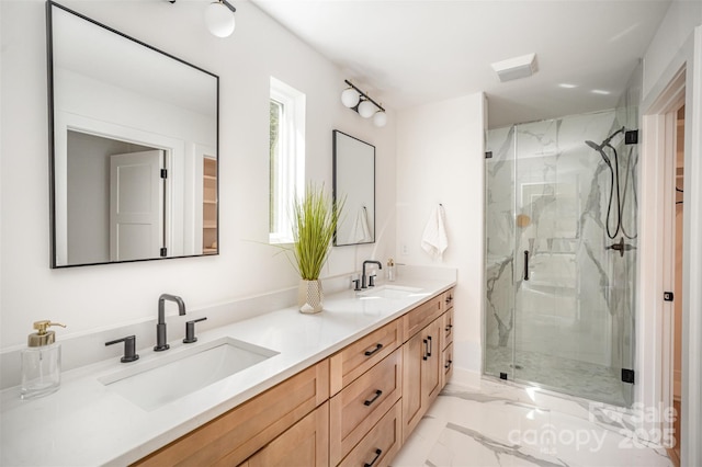 4547 Kings Ct, Hickory, NC 28602 - full bathroom featuring marble finish flooring, a marble finish shower, and double vanity