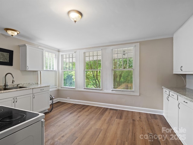 kitchen with white electric range, a sink, light wood finished floors, baseboards, and ornamental molding