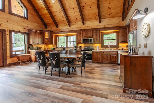 91 Riverview Dr, Robbinsville, NC 28771 - dining space featuring wood ceiling, light wood-style floors, beamed ceiling, plenty of natural light, and wooden walls