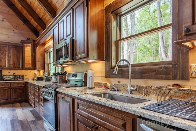 91 Riverview Dr, Robbinsville, NC 28771 - kitchen featuring stainless steel appliances, a sink, wood ceiling, dark wood-style flooring, and light stone countertops