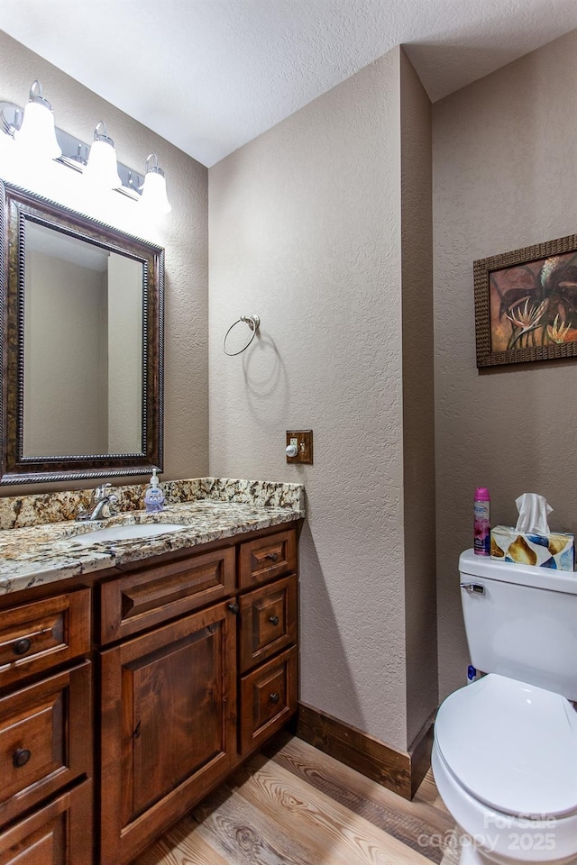 91 Riverview Dr, Robbinsville, NC 28771 - half bathroom featuring wood finished floors, toilet, vanity, a textured wall, and baseboards